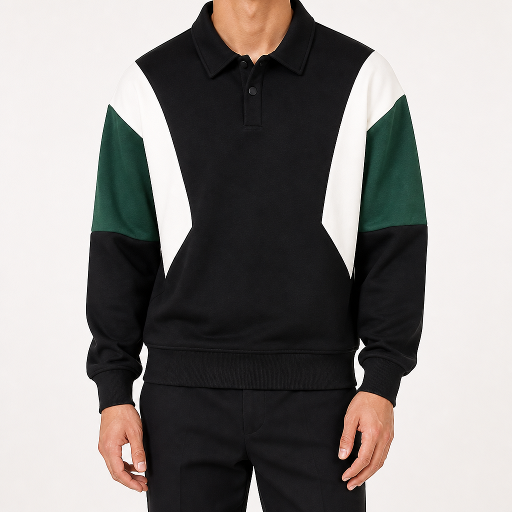 Bertram | Mens Polo Shirt Colour Block Long Sleeve Casual Collared Shirt, Black