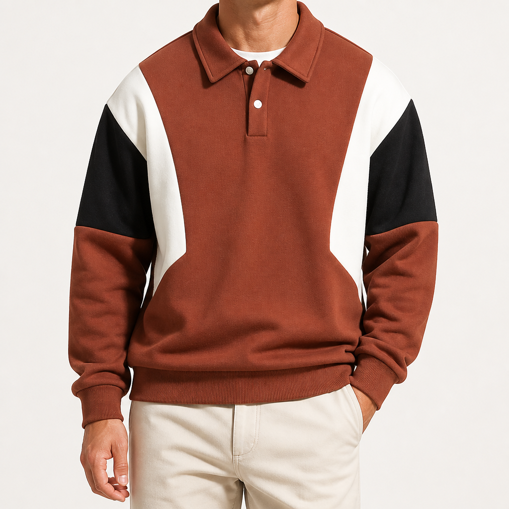 Bertram | Mens Polo Shirt Colour Block Long Sleeve Casual Collared Shirt, Brown