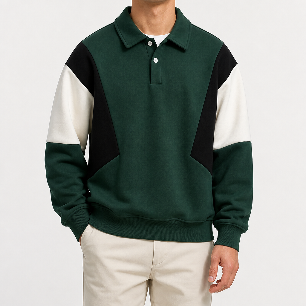 Bertram | Mens Polo Shirt Colour Block Long Sleeve Casual Collared Shirt, Dark Green