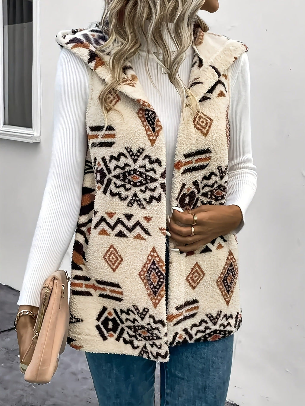 Bess | Womens Fleece Longline Hooded Print Vest