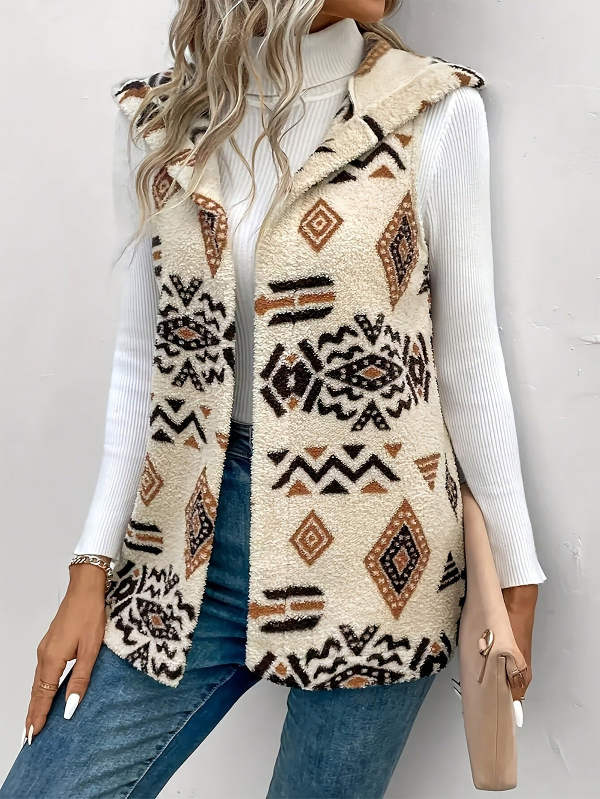 Bess | Womens Fleece Longline Hooded Print Vest