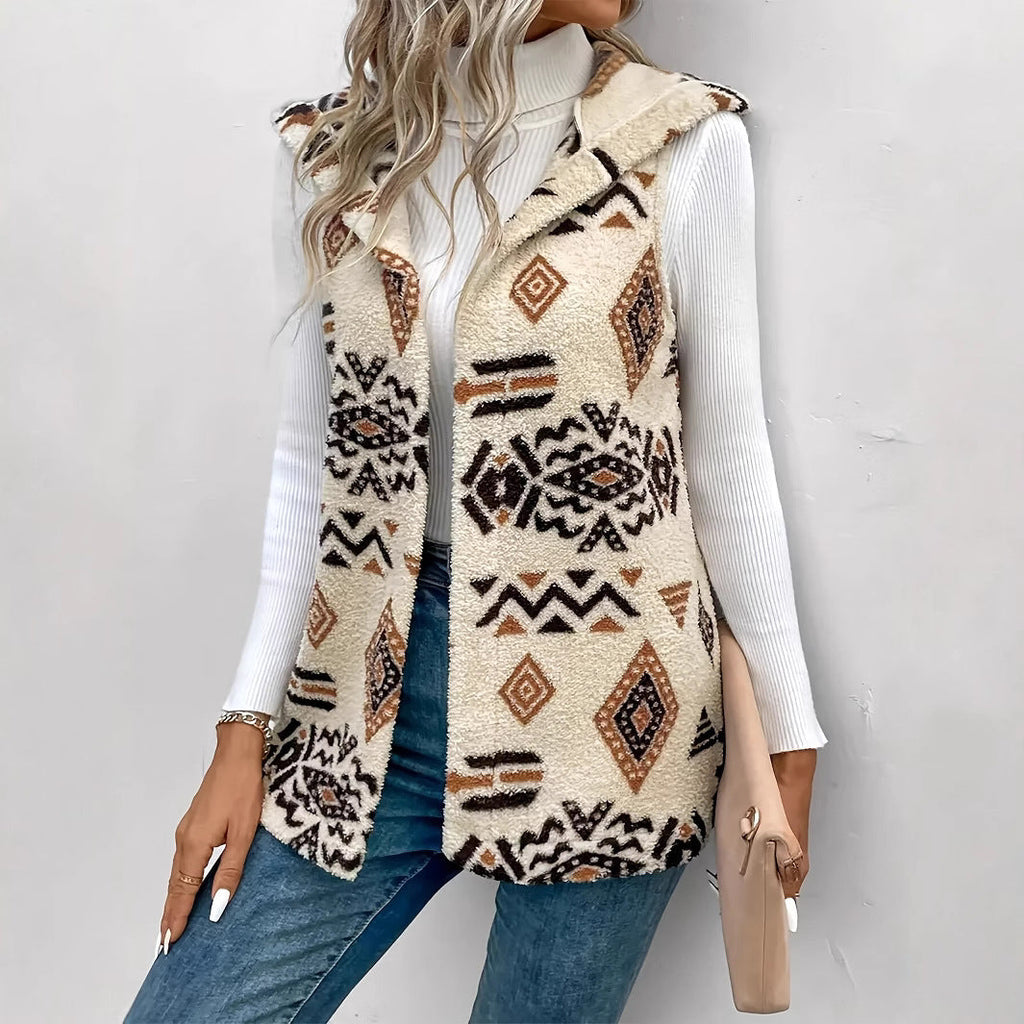 Bess | Womens Fleece Longline Hooded Print Vest, Cream
