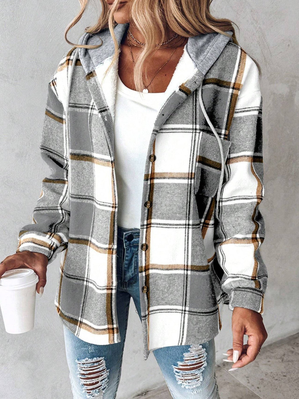 Bess | Womens Plaid Hooded Button Jacket - 1