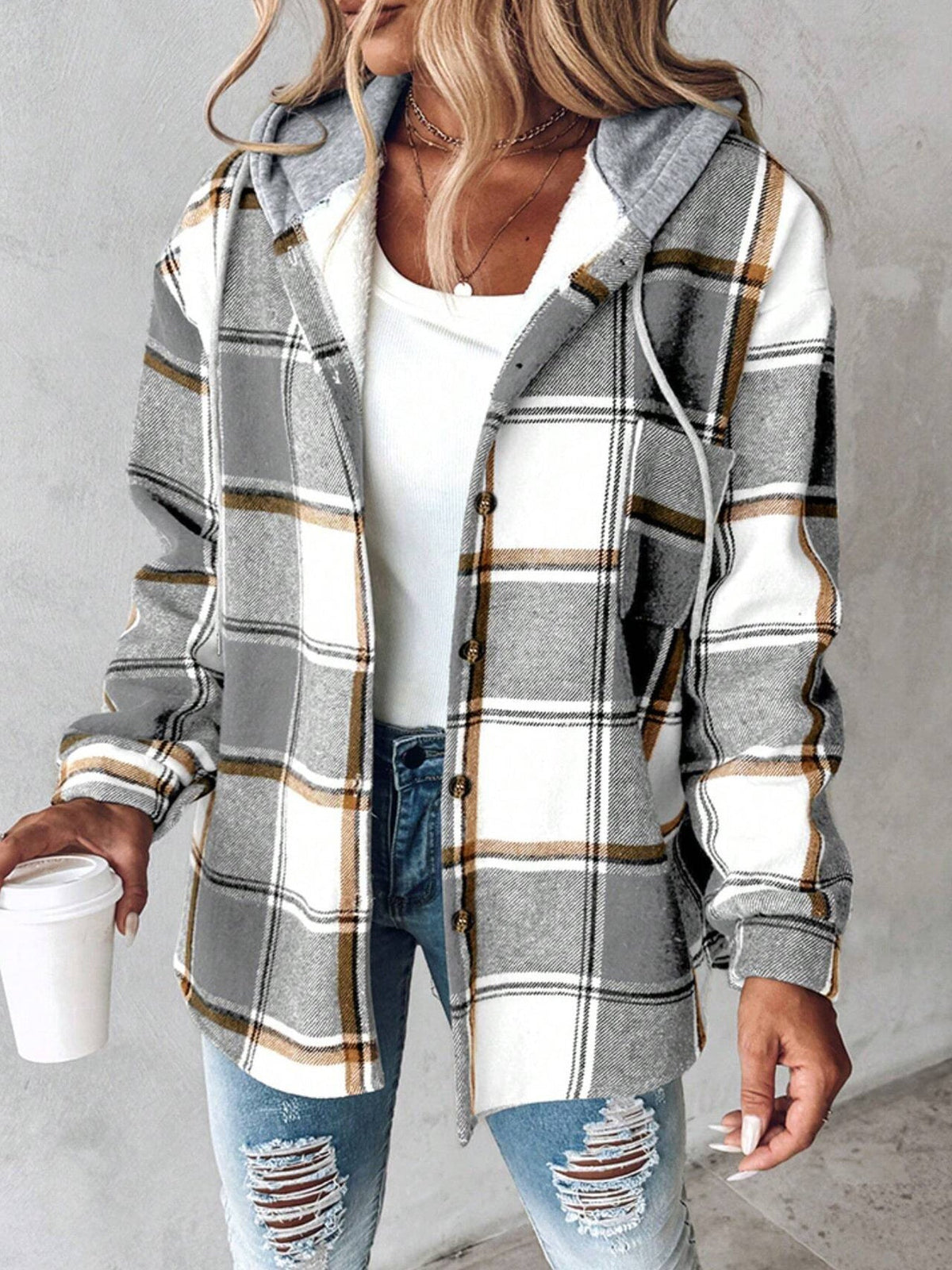 Bess | Womens Plaid Hooded Button Jacket - 1