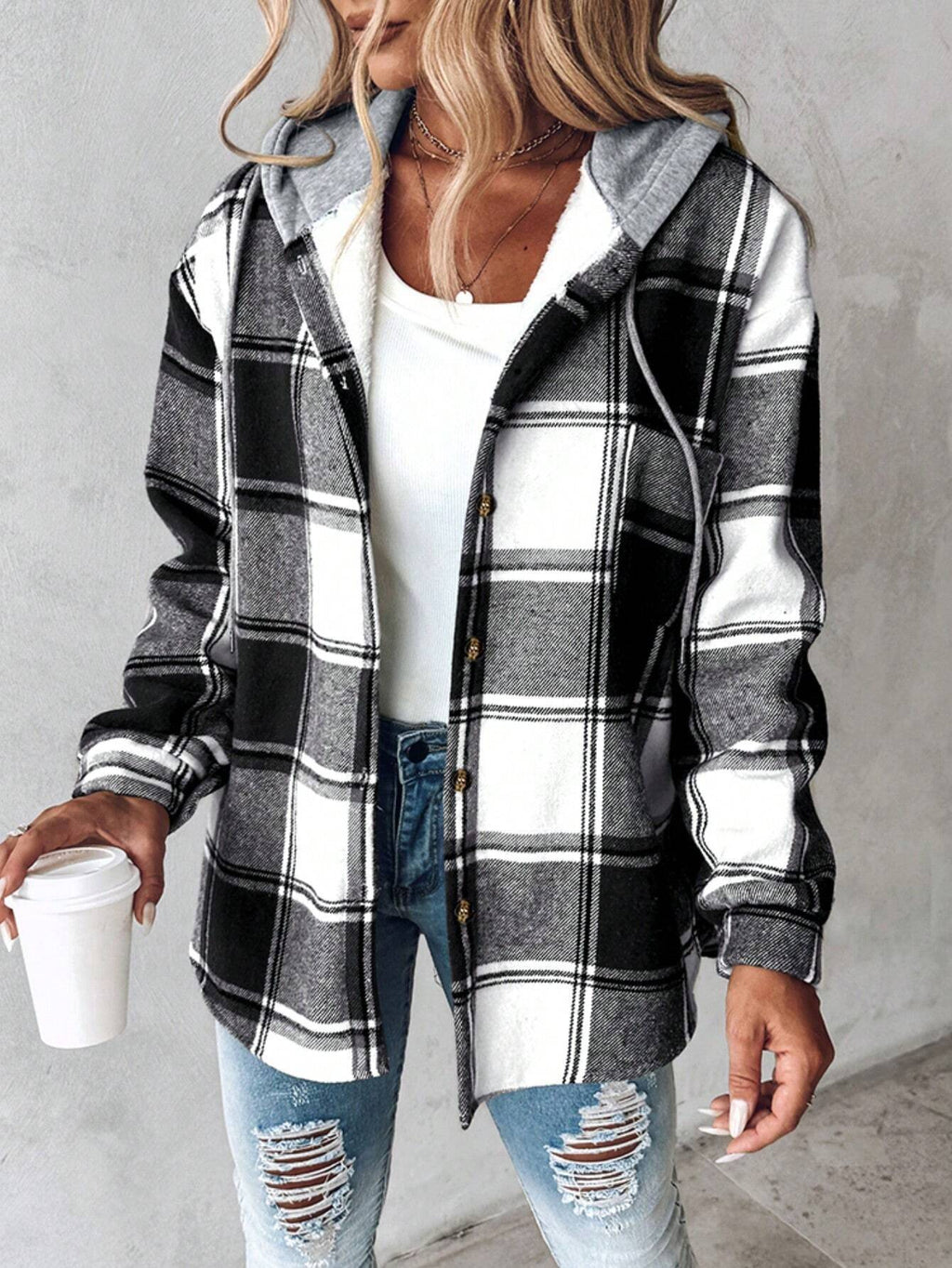 Bess | Womens Plaid Hooded Button Jacket - 2