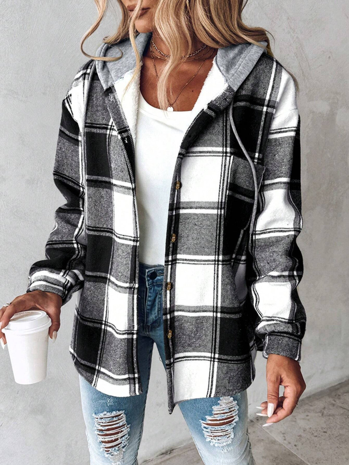 Bess | Womens Plaid Hooded Button Jacket - 2