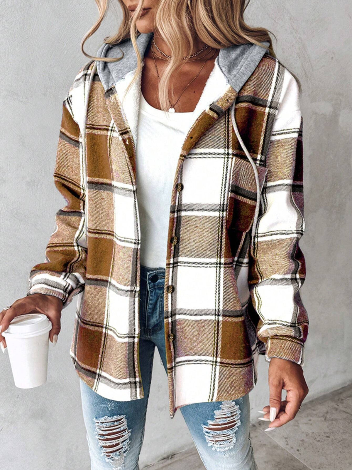 Bess | Womens Plaid Hooded Button Jacket - 3