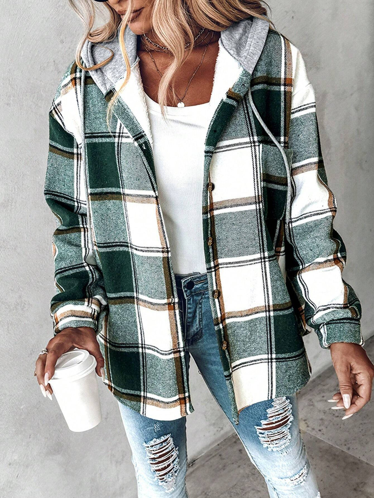Bess | Womens Plaid Hooded Button Jacket - 4