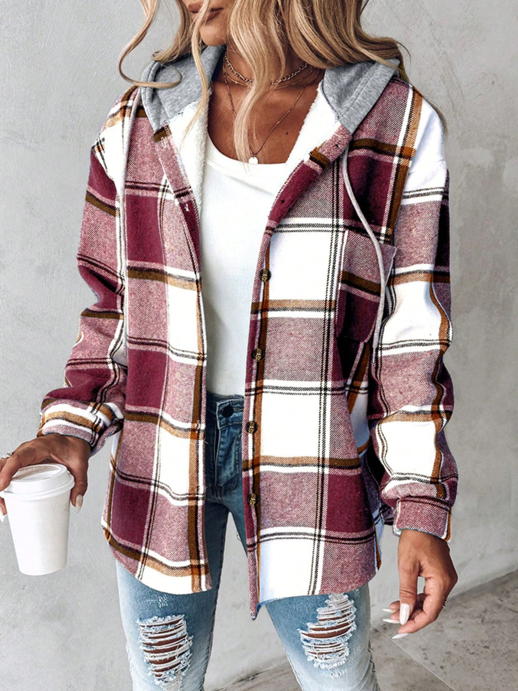 Bess | Womens Plaid Hooded Button Jacket - 5