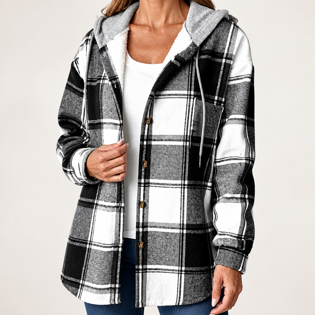 Bess | Womens Plaid Check Hooded Button Up Casual Jacket, Black