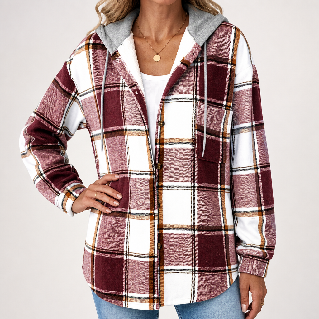 Bess | Womens Plaid Check Hooded Button Up Casual Jacket, Dark Red