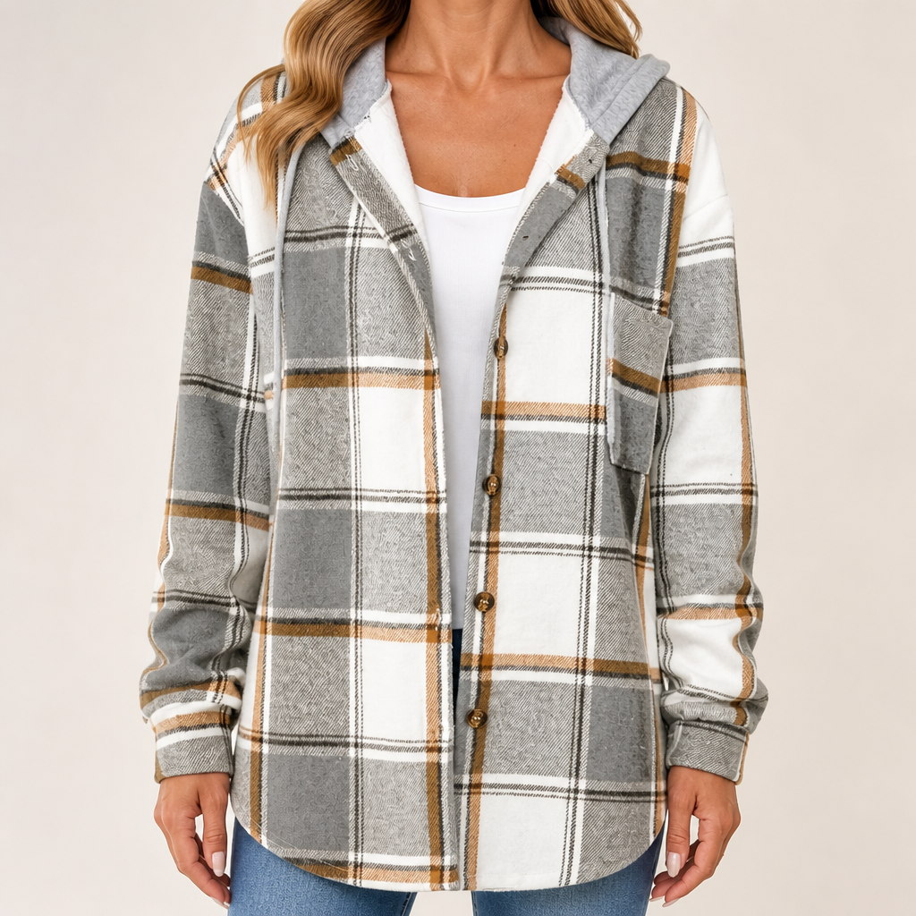 Bess | Womens Plaid Check Hooded Button Up Casual Jacket, Grey