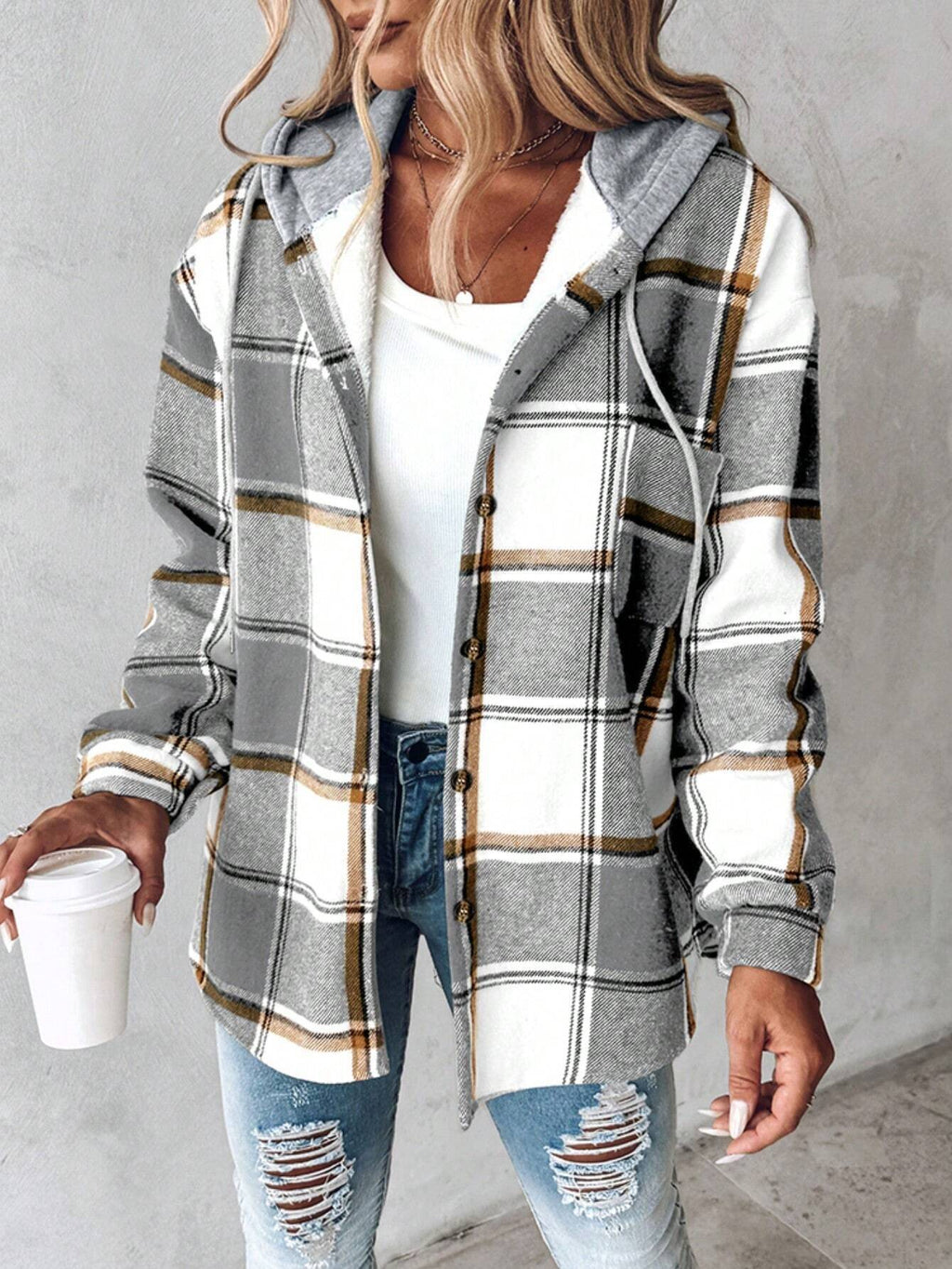 Bess | Womens Plaid Hooded Button Jacket - Grey
