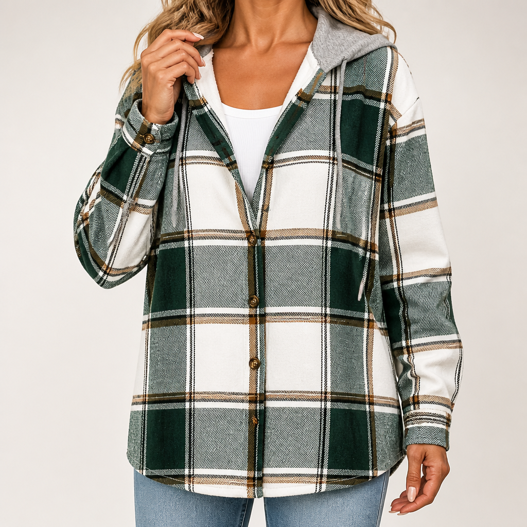 Bess | Womens Plaid Check Hooded Button Up Casual Jacket, Olive Green