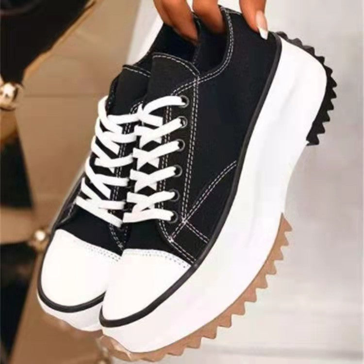 Bettina | Womens Thick Sole Canvas Flatform Black White Flat Shoes - 6