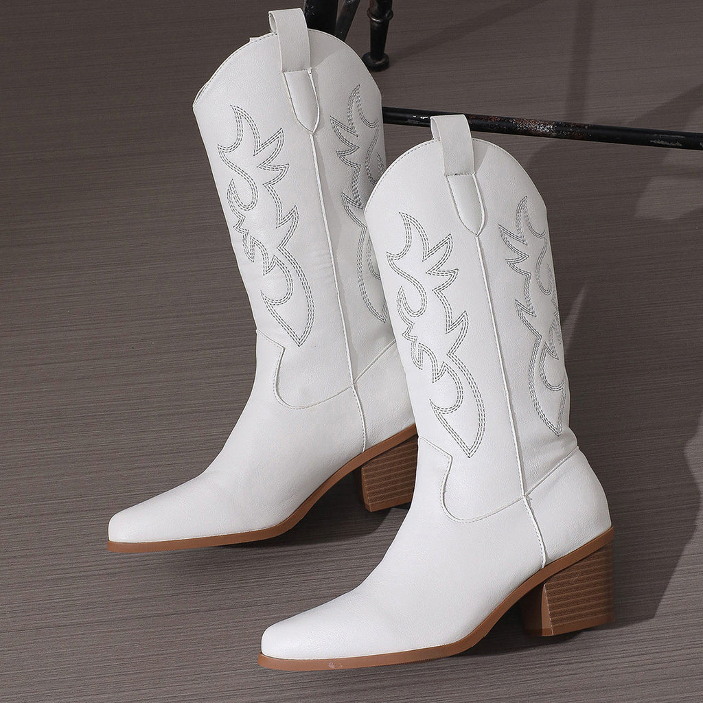 Bexley | Womens Western Knight Heeled Long White Boots - 8