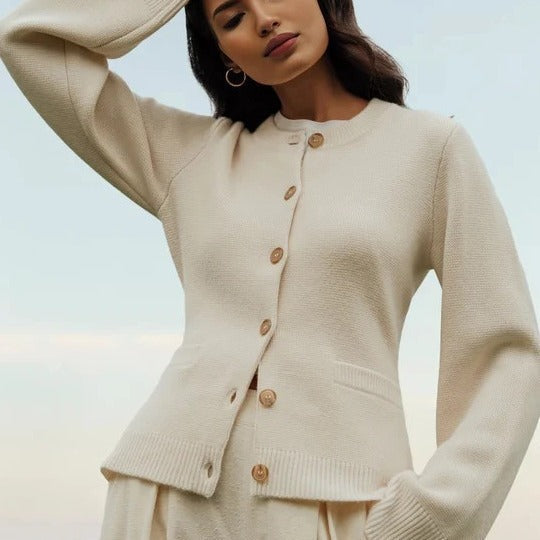 Blythe | Womens Wool Blend Pocket Cardigan Sweater, Ivory