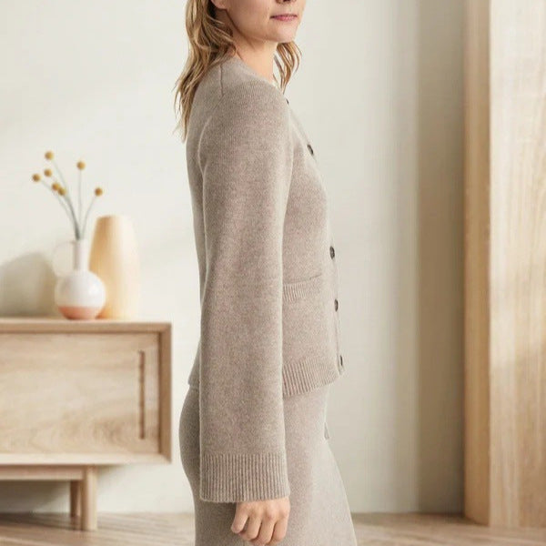 Blythe | Womens Wool Blend Pocket Cardigan Sweater, Taupe