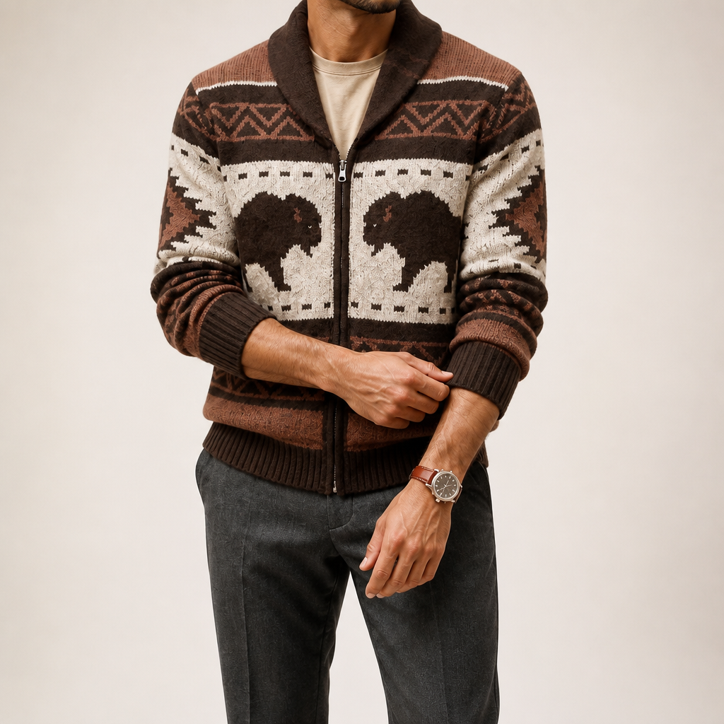Bodhi | Mens Jacquard Knitted Jumper Button Up Cardigan, Brown
