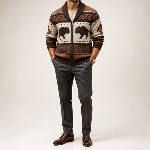 Bodhi | Mens Jacquard Knitted Jumper Button Up Cardigan, Brown