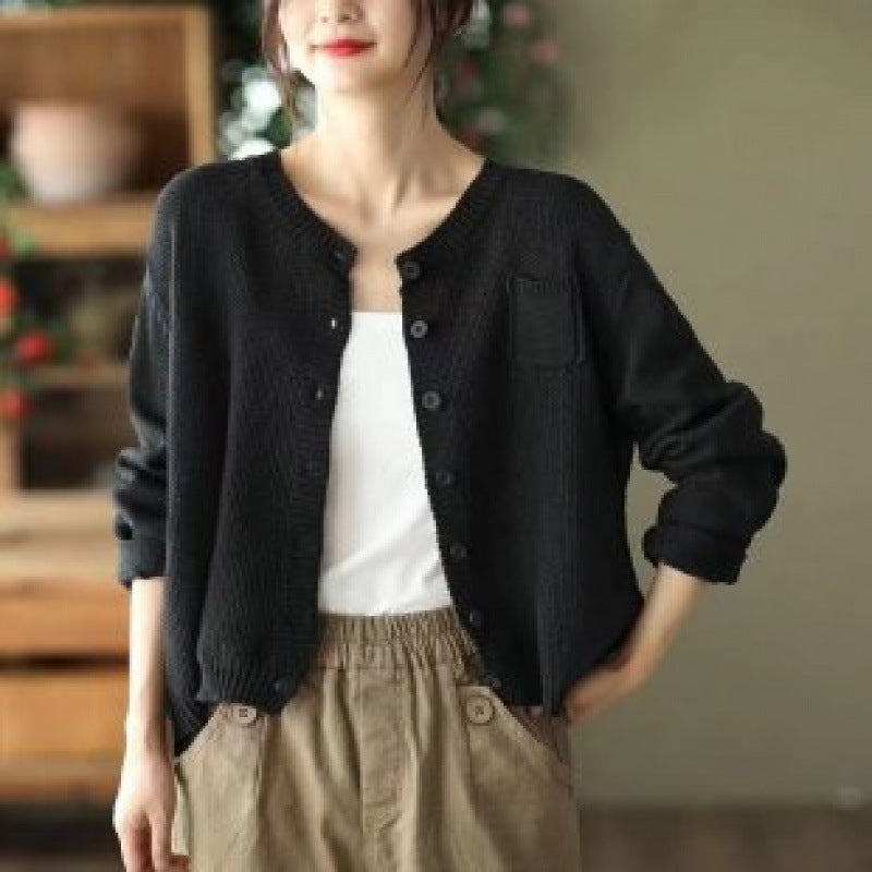 Bonnie | Womens Round Neck Knit Sweater Cardigan, Black