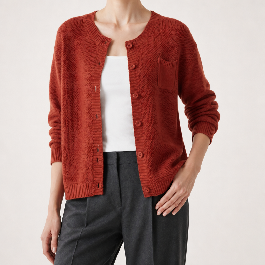 Bonnie | Womens Round Neck Knitted Jumper Cardigan, Brick Red