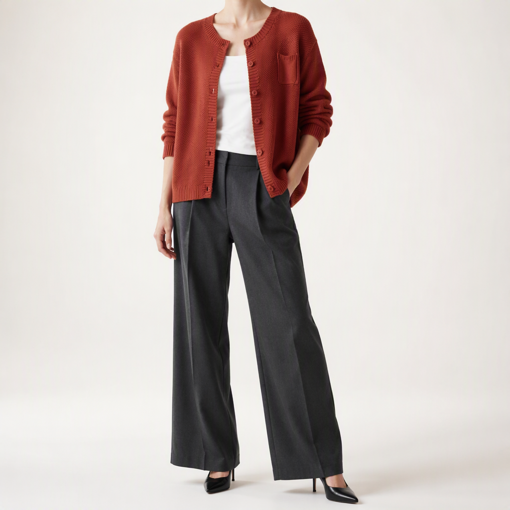 Bonnie | Womens Round Neck Knitted Jumper Cardigan, Brick Red
