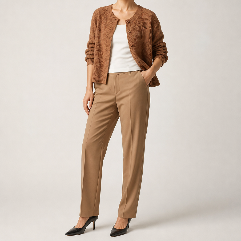 Bonnie | Womens Round Neck Knitted Jumper Cardigan, Caramel