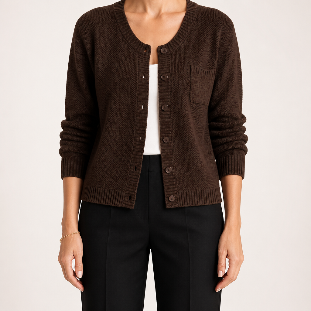 Bonnie | Womens Round Neck Knitted Jumper Cardigan, Coffee