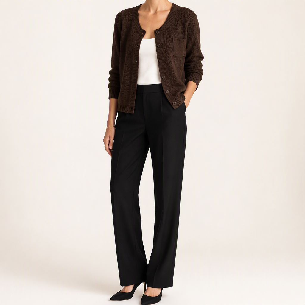 Bonnie | Womens Round Neck Knitted Jumper Cardigan, Coffee
