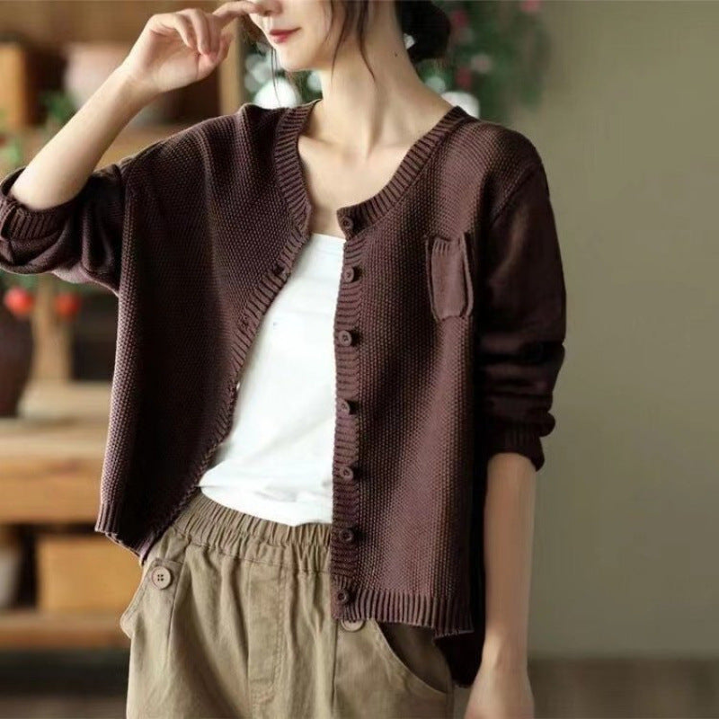 Bonnie | Womens Round Neck Knit Sweater Cardigan, Coffee