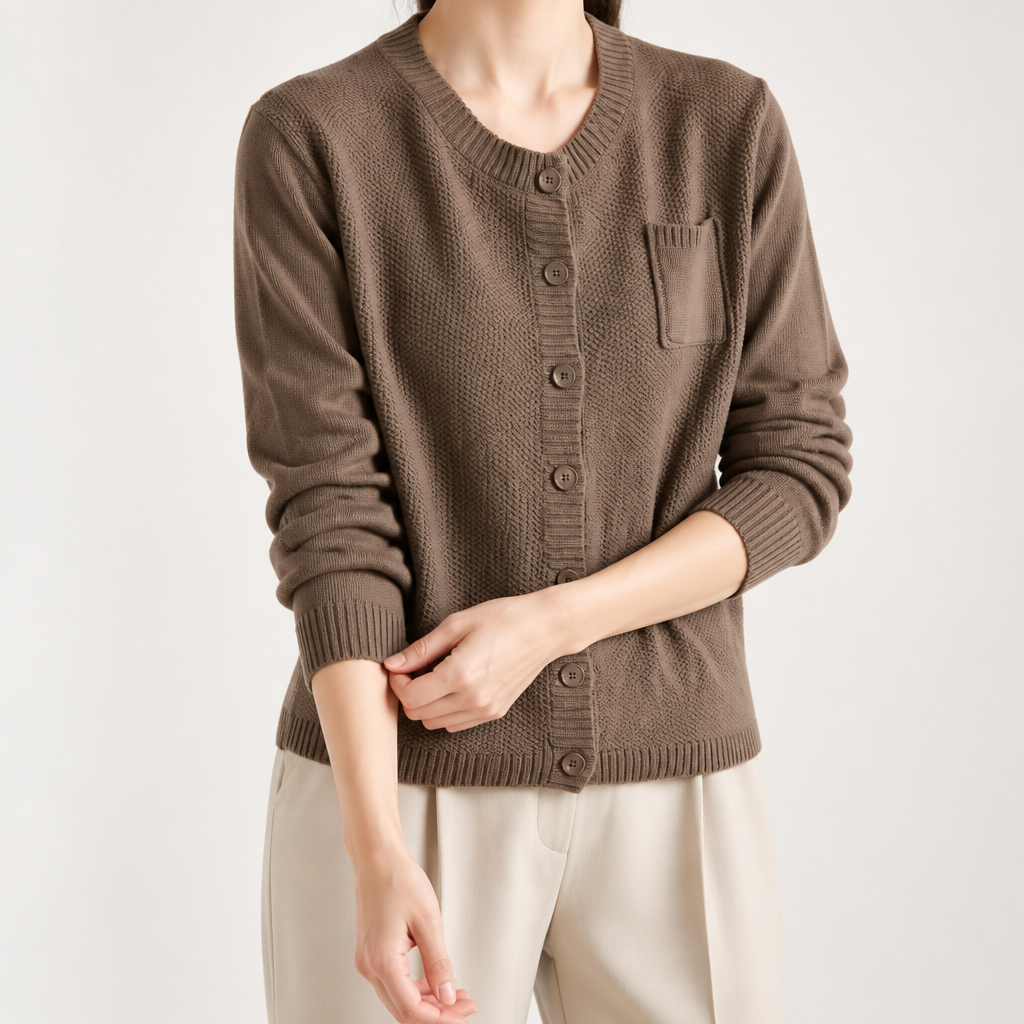 Bonnie | Womens Round Neck Knitted Jumper Cardigan, Dark Khaki