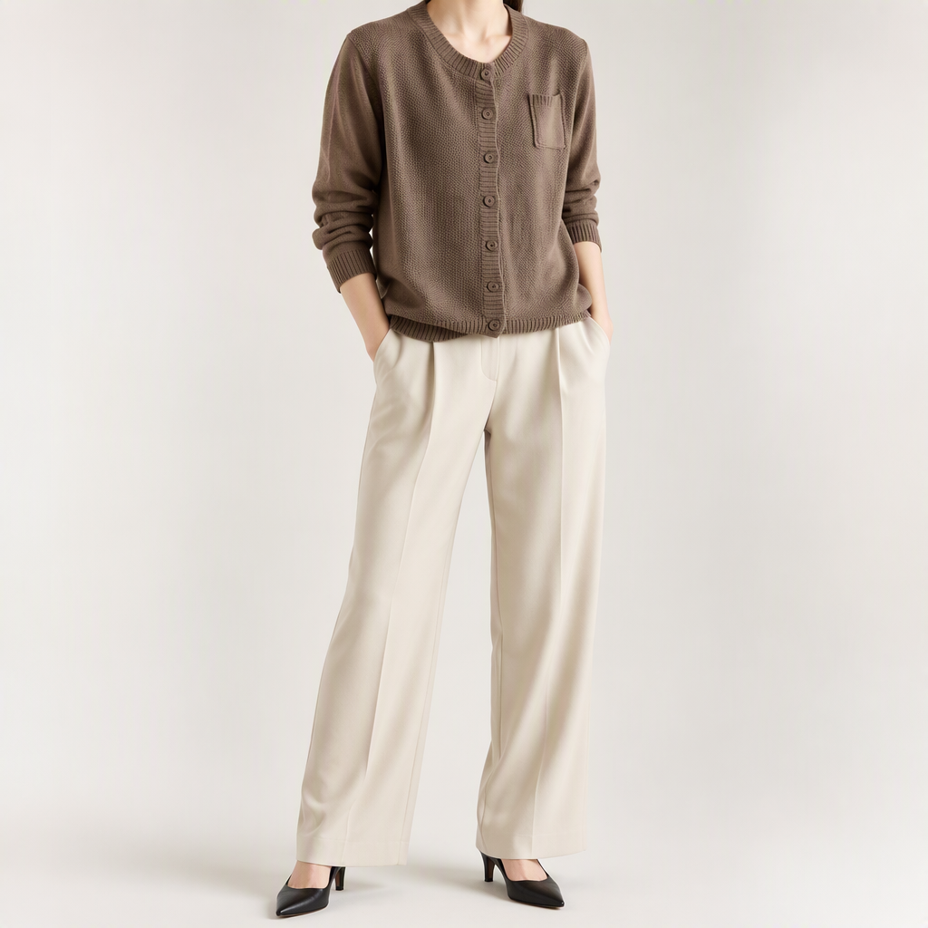 Bonnie | Womens Round Neck Knitted Jumper Cardigan, Dark Khaki