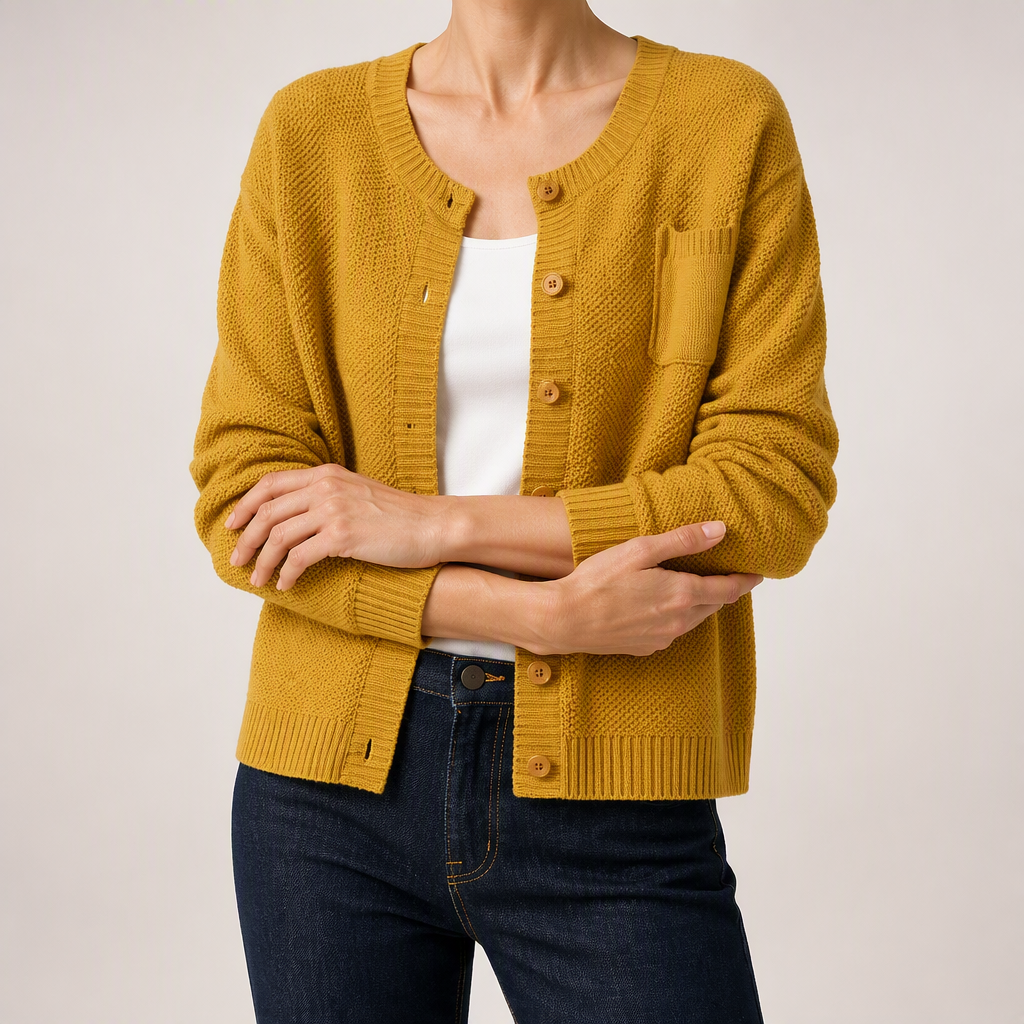 Bonnie | Womens Round Neck Knitted Jumper Cardigan, Yellow