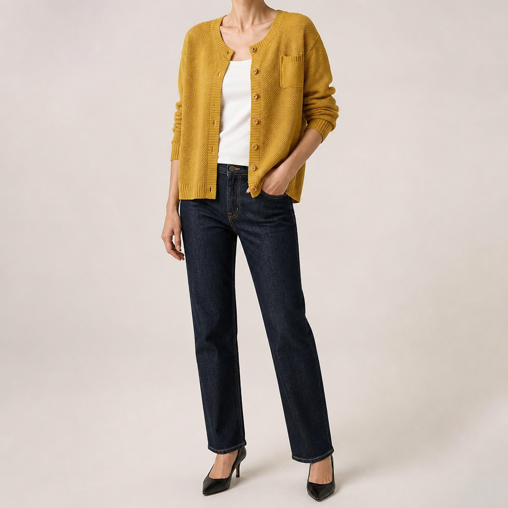 Bonnie | Womens Round Neck Knitted Jumper Cardigan, Yellow