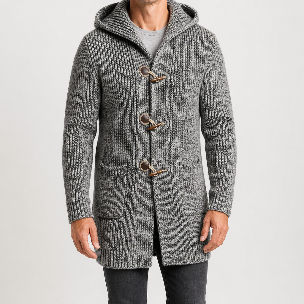Bram | Mens Cardigan Knitted Hooded Toggle Jumper Winter Coat, Grey