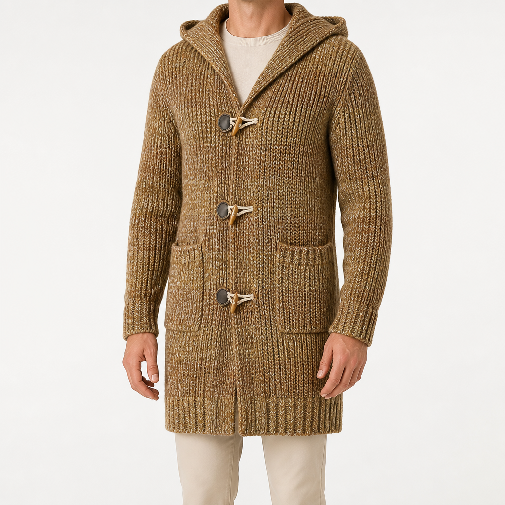 Bram | Mens Cardigan Knitted Hooded Toggle Jumper Winter Coat, Khaki