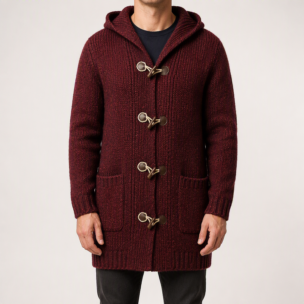 Bram | Mens Cardigan Knitted Hooded Toggle Jumper Winter Coat, Wine Red
