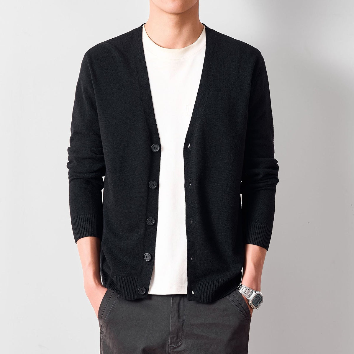 Bram | Mens V Neck Knit Cardigan - Black
