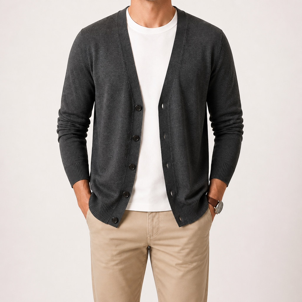 Bram | Mens Knitted V Neck Long Sleeve Button Cardigan, Dark Grey