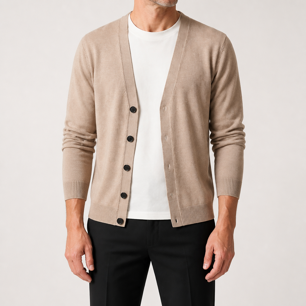 Bram | Mens Knitted V Neck Long Sleeve Button Cardigan, Khaki