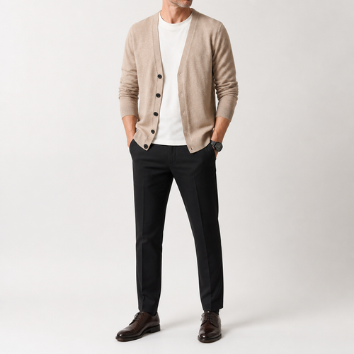 Bram | Mens Knitted V Neck Long Sleeve Button Cardigan, Khaki