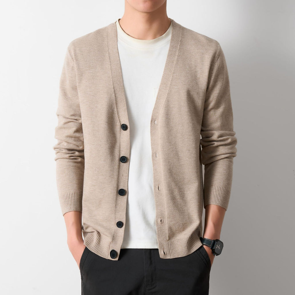 Bram | Mens V Neck Knit Cardigan - Khaki