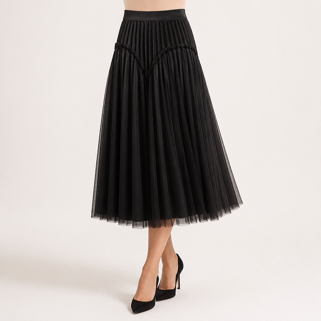 Briony | Womens Skirt A Line Pleated Mesh Midi Skirt, Black