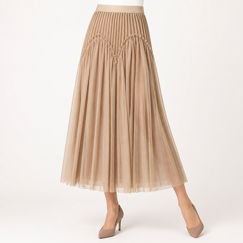 Briony | Womens Skirt A Line Pleated Mesh Midi Skirt, Khaki