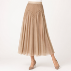 Briony | Womens Skirt A Line Pleated Mesh Midi Skirt, Khaki