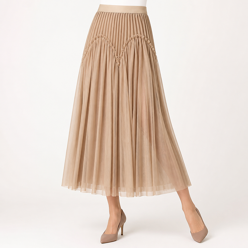 Briony | Womens Skirt A Line Pleated Mesh Midi Skirt, Khaki