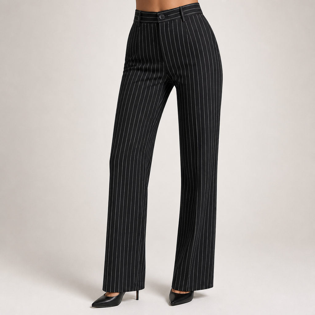 Briony | Womens Work Wide Leg High Waisted Striped Trousers, Black