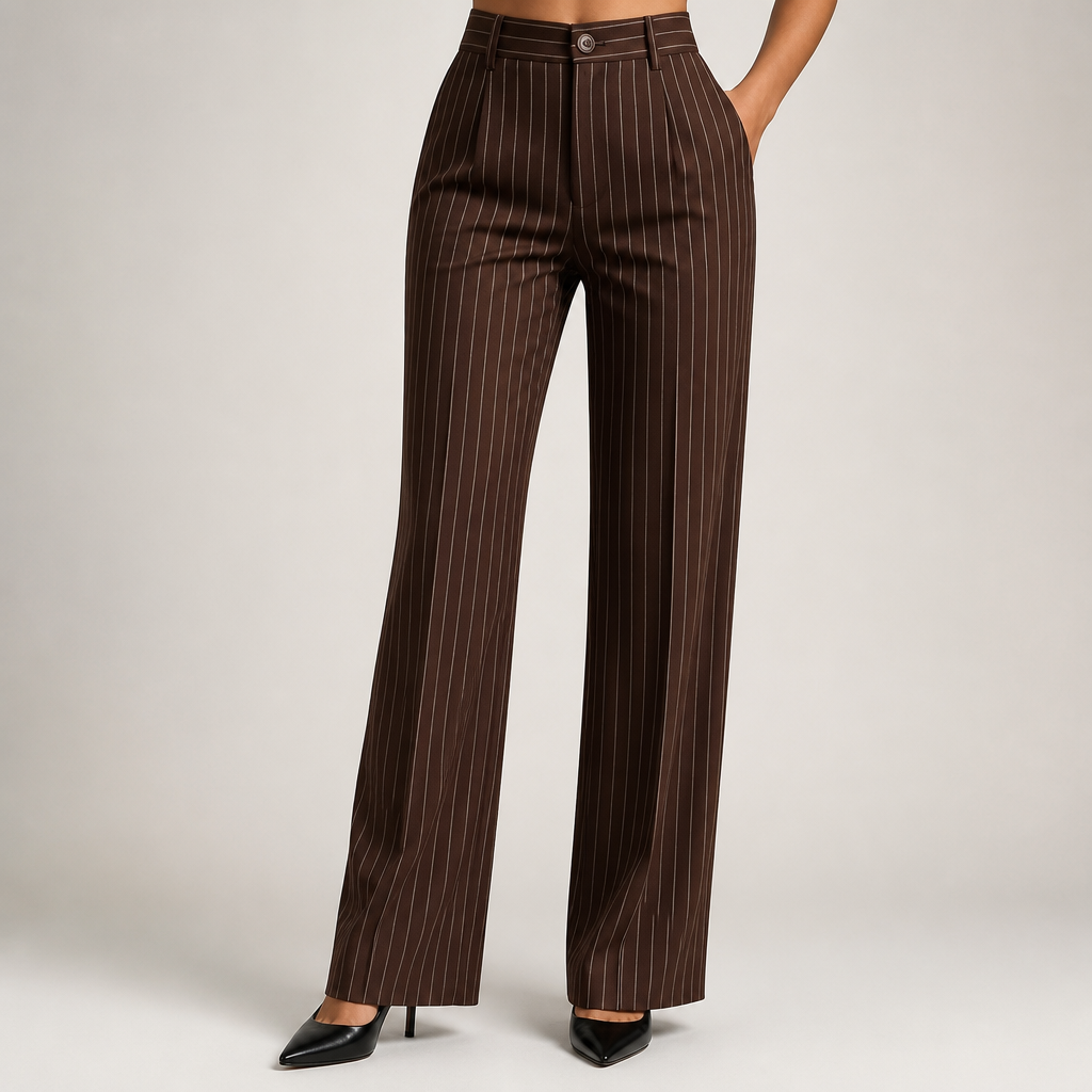 Briony | Womens Work Wide Leg High Waisted Striped Trousers, Brown