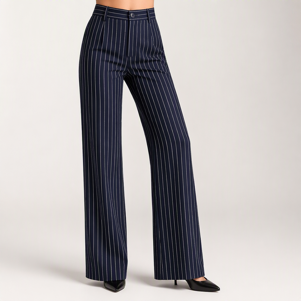 Briony | Womens Work Wide Leg High Waisted Striped Trousers, Dark Blue